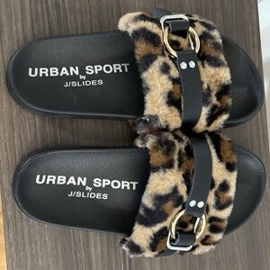 Urban Sport by J/Slides Women's Leopard Buckle Up Slides Size 8M Sandals Shoes